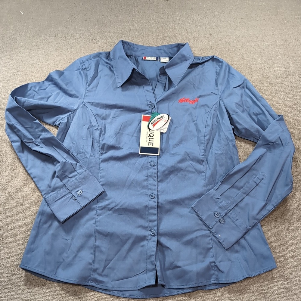 Clique Large Women's blue dress Shirt Button Up Kellogg's 3m Water‎ Repellent